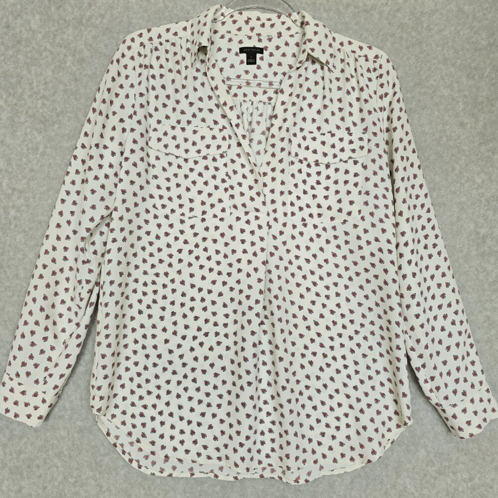 Ann Taylor Women S Long Sleeve Heart Print Pull Over Blouse Shirt Office Career